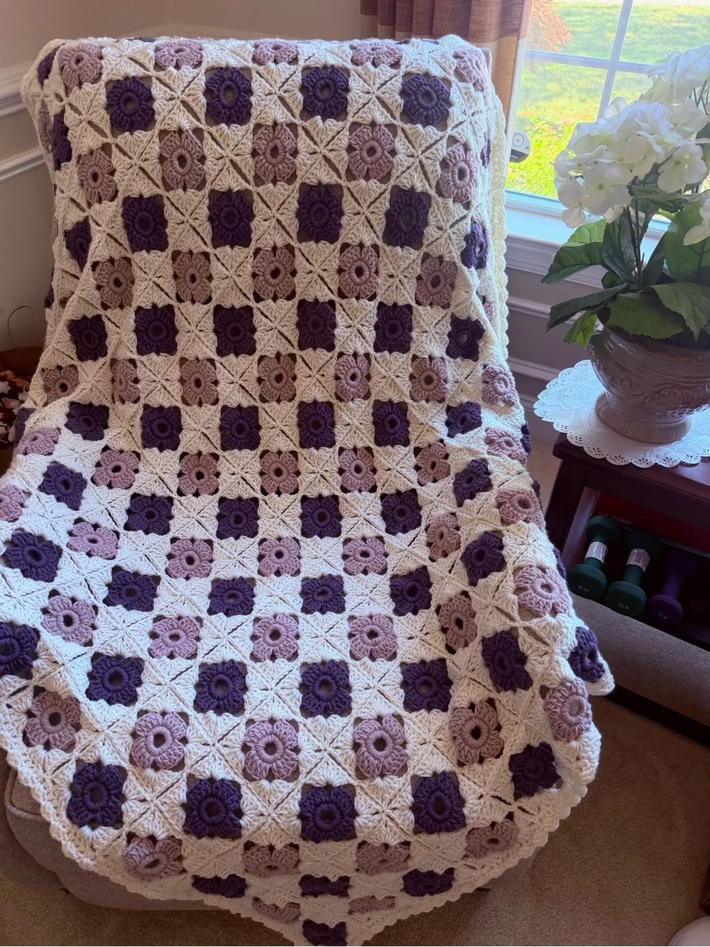Handmade Crochet Granny Square blanket in Cream and Purple